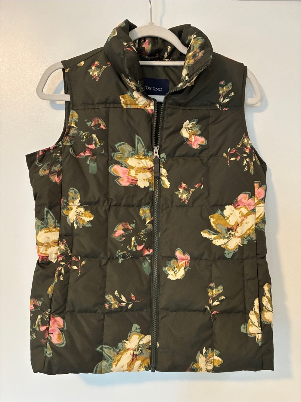 Lands' End Olive Green Floral Quilted Vest